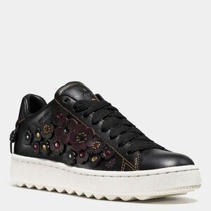 COACH Black Floral Leather Platform Sneaker - LIKE-NEW